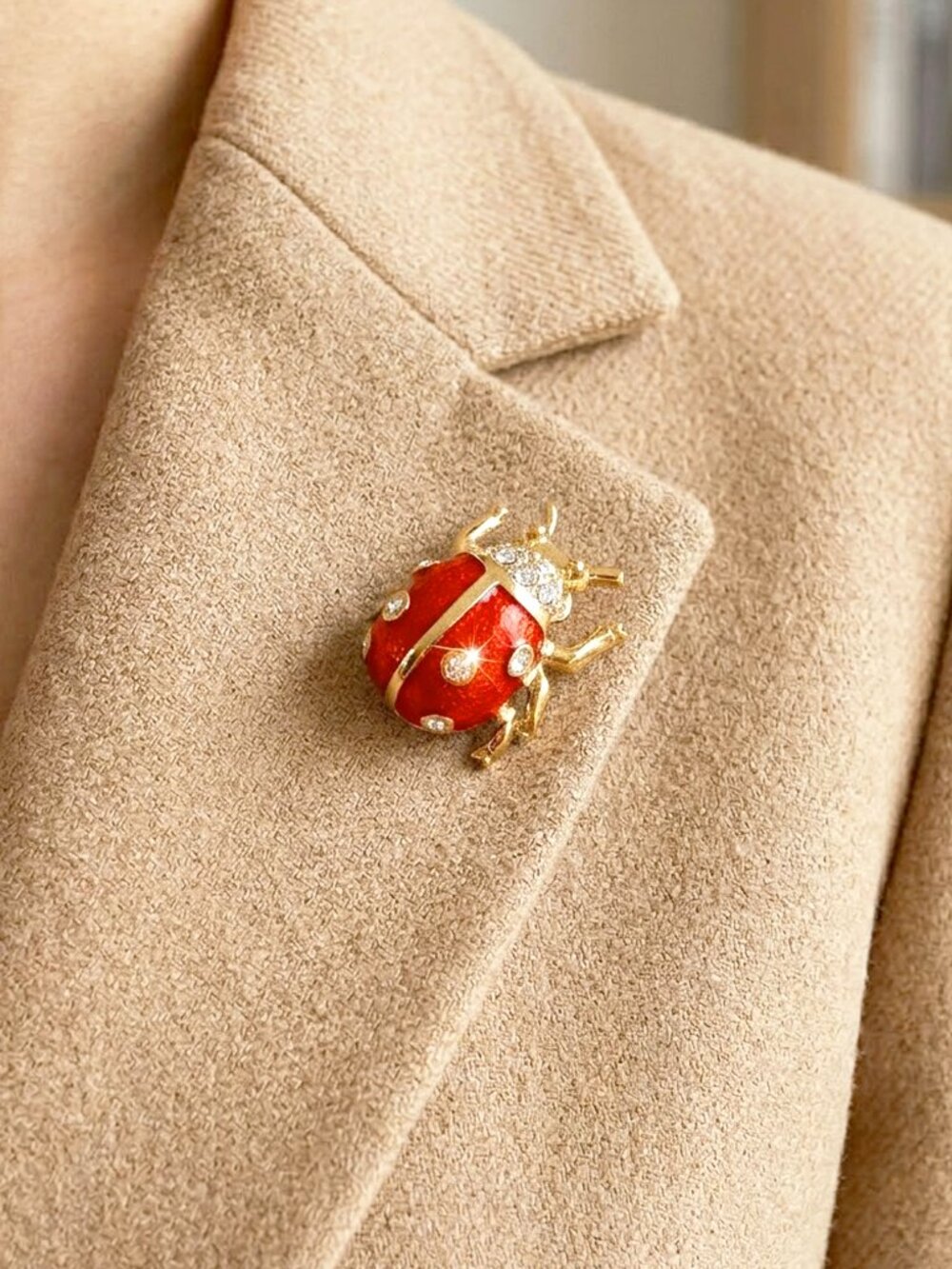 Vintage Gold Ladybug Brooch, Red Enamel Swarovski Crystal Accents, Dainty Beetle